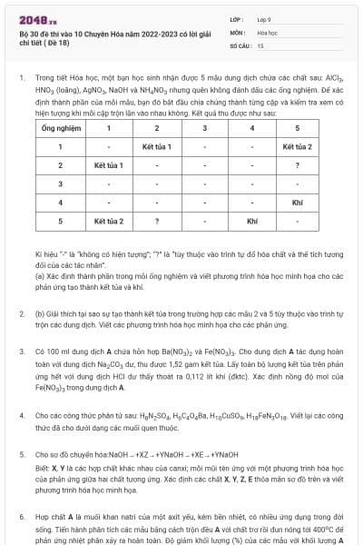 Bộ 30 đề thi vào 10 Chuyên Hóa năm 2022-2023 có lời giải chi tiết ( Đề 18)