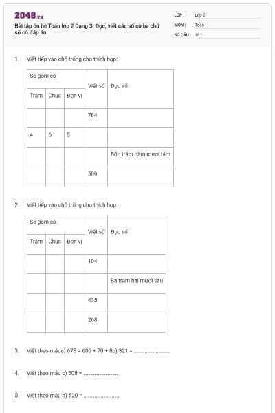 Bài tập ôn hè Toán lớp 2 Dạng 3: Đọc, viết các số có ba chữ số có đáp án