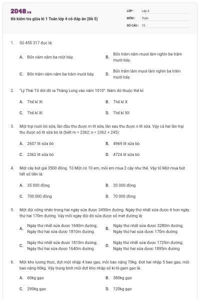 Đề kiểm tra giữa kì 1 Toán lớp 4 có đáp án (Đề 5)