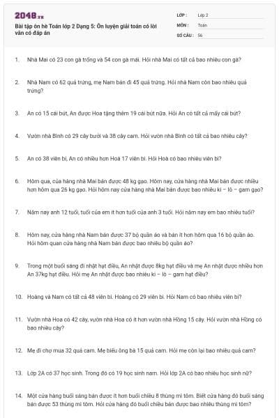 Bài tập ôn hè Toán lớp 2 Dạng 5: Ôn luyện giải toán có lời văn có đáp án