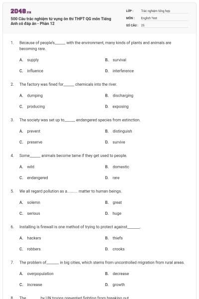 500 Câu trắc nghiệm từ vựng ôn thi THPT QG môn Tiếng Anh có đáp án - Phần 12