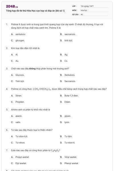 Tổng hợp đề thi thử Hóa Học cực hay có đáp án (Đề số 1)