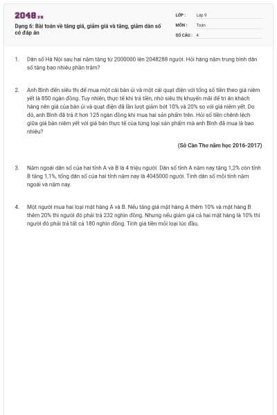 Dạng 6: Bài toán về tăng giá, giảm giá và tăng, giảm dân số có đáp án