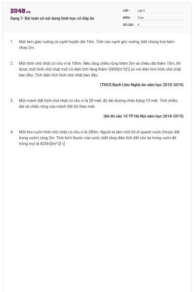 Dạng 7: Bài toán có nội dung hình học có đáp án