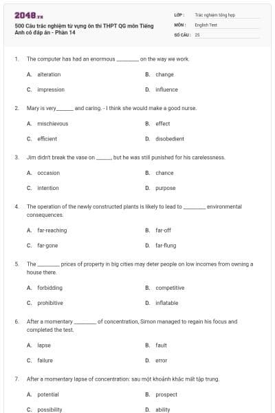 500 Câu trắc nghiệm từ vựng ôn thi THPT QG môn Tiếng Anh có đáp án - Phần 14