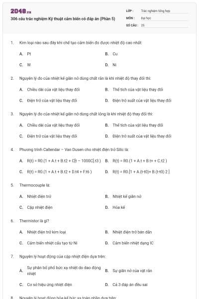 306 câu trắc nghiệm Kỹ thuật cảm biến có đáp án (Phần 5)