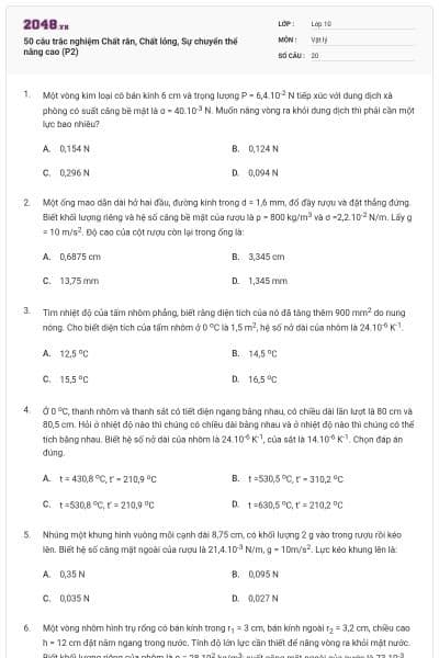 50 câu trắc nghiệm Chất rắn, Chất lỏng, Sự chuyển thể nâng cao (P2)