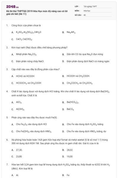 Đề thi thử THPTQG 2019 Hóa Học mức độ nâng cao có lời giải chi tiết (Đề 11)