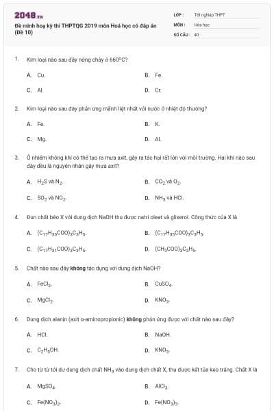Đề minh hoạ kỳ thi THPTQG 2019 môn Hoá học có đáp án (Đề 10)