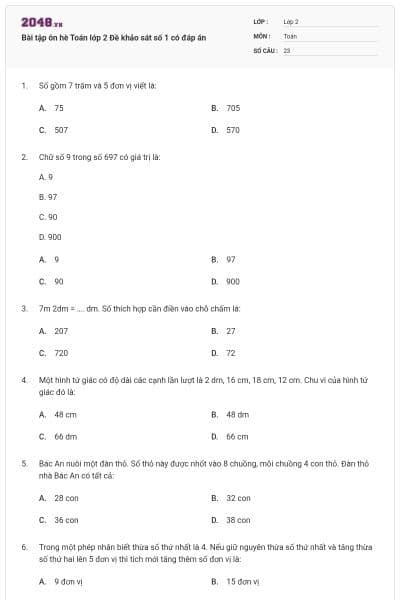 Bài tập ôn hè Toán lớp 2 Đề khảo sát số 1 có đáp án