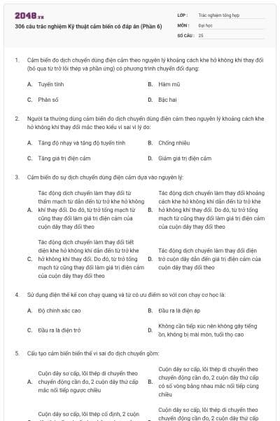306 câu trắc nghiệm Kỹ thuật cảm biến có đáp án (Phần 6)