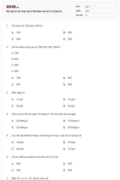 Bài tập ôn hè Toán lớp 2 Đề khảo sát số 2 có đáp án
