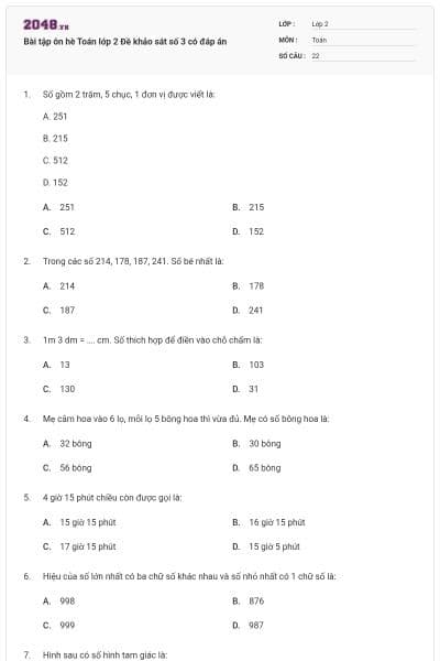 Bài tập ôn hè Toán lớp 2 Đề khảo sát số 3 có đáp án