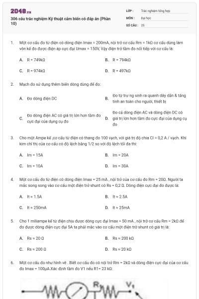 306 câu trắc nghiệm Kỹ thuật cảm biến có đáp án (Phần 10)