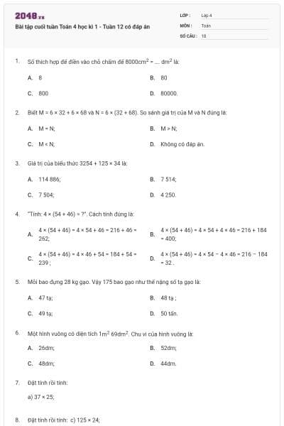Bài tập cuối tuần Toán 4 học kì 1 - Tuần 12 có đáp án