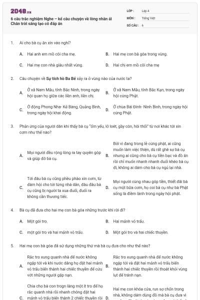 6 câu trắc nghiệm Nghe – kể câu chuyện về lòng nhân ái Chân trời sáng tạo có đáp án