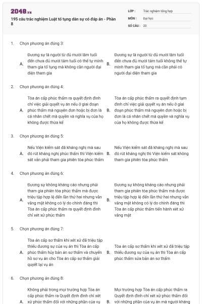 195 câu trắc nghiệm Luật tố tụng dân sự có đáp án - Phần 8