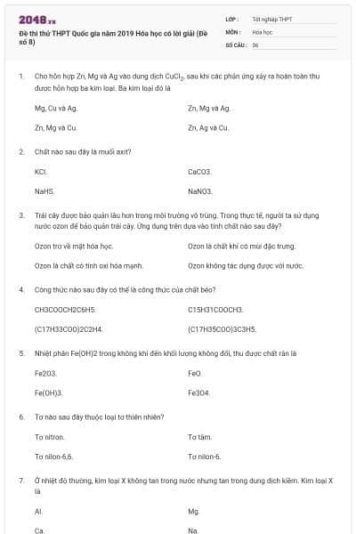 Đề thi thử THPT Quốc gia năm 2019 Hóa học có lời giải (Đề số 8)
