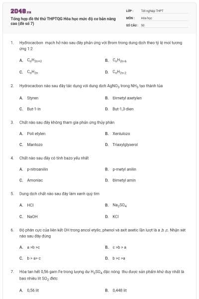 Tổng hợp đề thi thử THPTQG Hóa học mức độ cơ bản nâng cao (đề số 7)