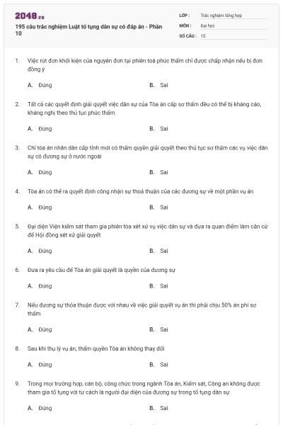 195 câu trắc nghiệm Luật tố tụng dân sự có đáp án - Phần 10