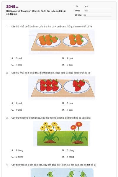 Bài tập ôn hè Toán lớp 1 Chuyên đề 3: Bài toán có lời văn có đáp án