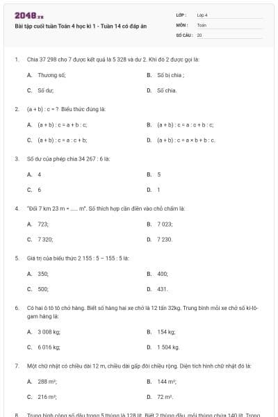 Bài tập cuối tuần Toán 4 học kì 1 - Tuần 14 có đáp án