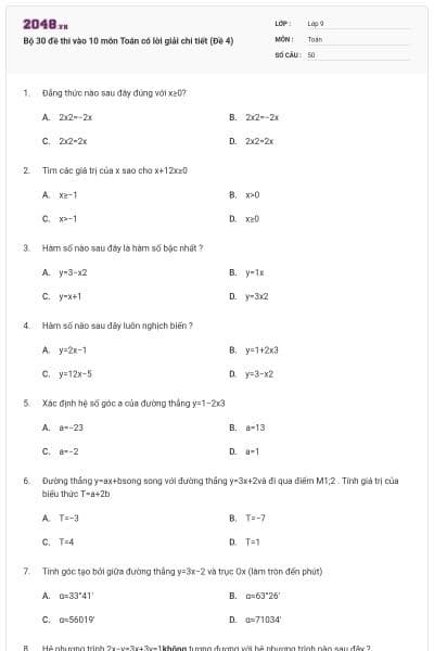 Bộ 30 đề thi vào 10 môn Toán có lời giải chi tiết (Đề 4)