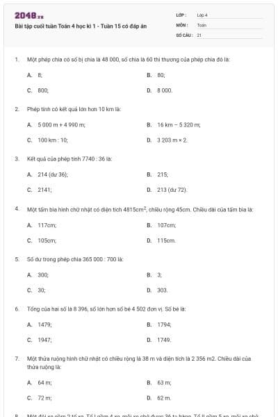 Bài tập cuối tuần Toán 4 học kì 1 - Tuần 15 có đáp án