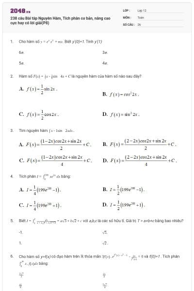 238 câu Bài tâp Nguyên Hàm, Tích phân cơ bản, nâng cao cực hay có lời giải(P8)