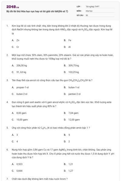 Bộ đề thi thử Hóa học cực hay có lời giải chi tiết(Đề số 7)