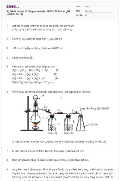 Bộ 30 đề thi vào 10 Chuyên Hóa năm 2022-2023 có lời giải chi tiết ( Đề 19)