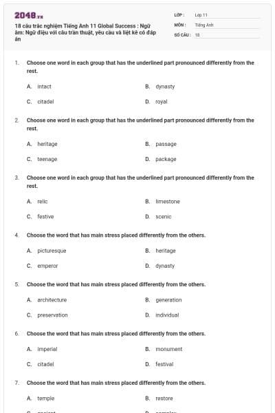 18 câu trắc nghiệm Tiếng Anh 11 Global Success : Ngữ âm: Ngữ điệu với câu trần thuật, yêu cầu và liệt kê có đáp án