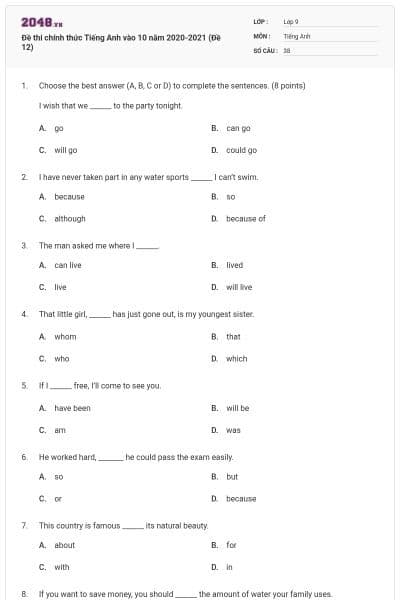 Đề thi chính thức Tiếng Anh vào 10 năm 2020-2021 (Đề 12)