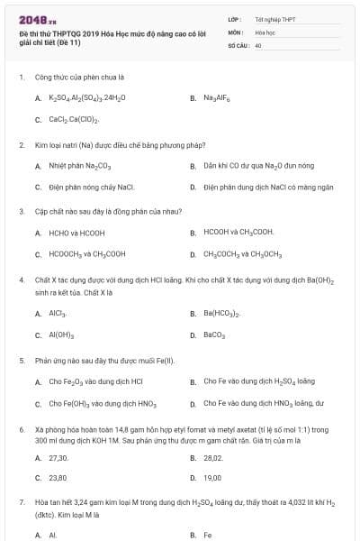 Đề thi thử THPTQG 2019 Hóa Học mức độ nâng cao có lời giải chi tiết (Đề 11)