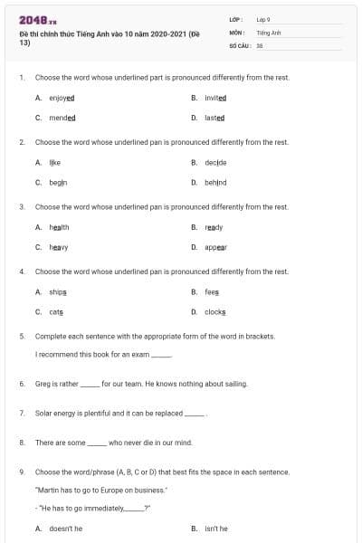 Đề thi chính thức Tiếng Anh vào 10 năm 2020-2021 (Đề 13)