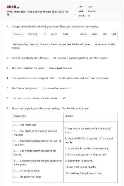 Đề thi chính thức Tiếng Anh vào 10 năm 2020-2021 (Đề 15)