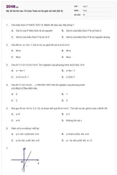 Bộ 30 đề thi vào 10 môn Toán có lời giải chi tiết (Đề 5)