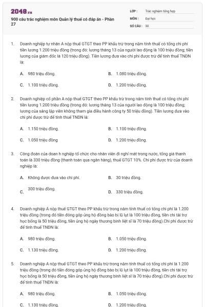 900 câu trắc nghiệm môn Quản lý thuế có đáp án - Phần 27