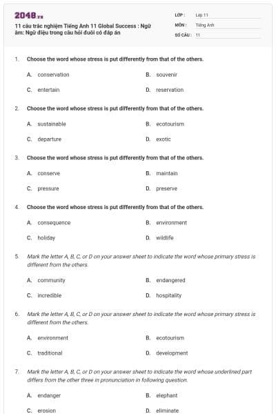 11 câu trắc nghiệm Tiếng Anh 11 Global Success : Ngữ âm: Ngữ điệu trong câu hỏi đuôi có đáp án