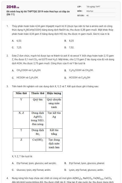 Đề minh hoạ kỳ thi THPTQG 2019 môn Hoá học có đáp án (Đề 11)