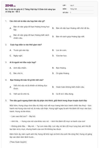 Bộ 10 đề thi giữa kì 2 Tiếng Việt lớp 5 Chân trời sáng tạo có đáp án - Đề 2