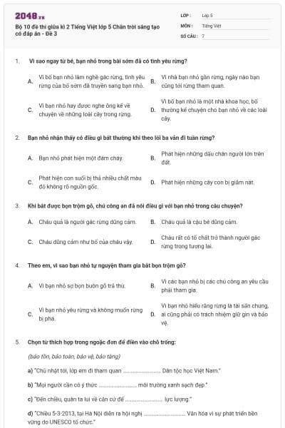 Bộ 10 đề thi giữa kì 2 Tiếng Việt lớp 5 Chân trời sáng tạo có đáp án - Đề 3