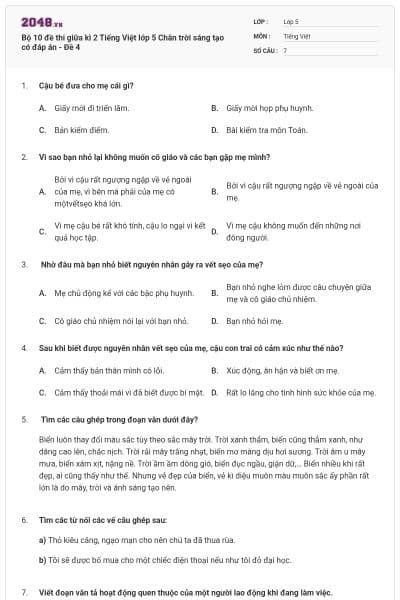 Bộ 10 đề thi giữa kì 2 Tiếng Việt lớp 5 Chân trời sáng tạo có đáp án - Đề 4