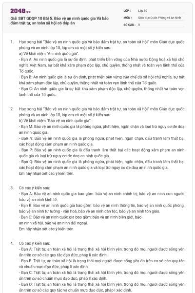 Giải SBT GDQP 10 Bài 5. Bảo vệ an ninh quốc gia Và bảo đảm trật tự, an toàn xã hội có đáp án
