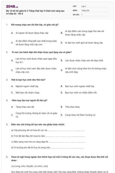 Bộ 10 đề thi giữa kì 2 Tiếng Việt lớp 5 Chân trời sáng tạo có đáp án - Đề 6