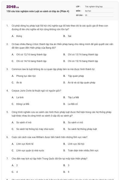 150 câu trắc nghiệm môn Luật so sánh có đáp án (Phần 4)