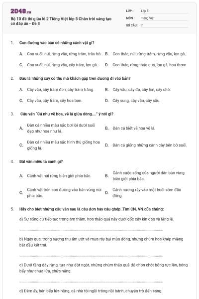 Bộ 10 đề thi giữa kì 2 Tiếng Việt lớp 5 Chân trời sáng tạo có đáp án - Đề 8