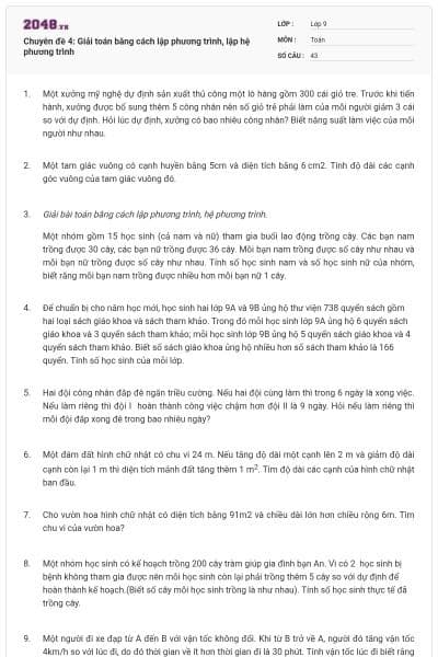 Chuyên đề 4: Giải toán bằng cách lập phương trình, lập hệ phương trình