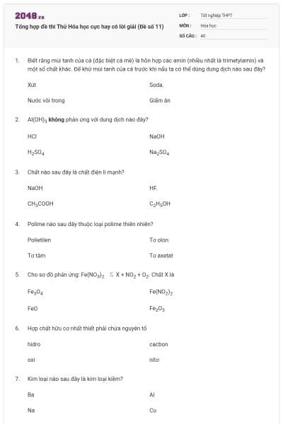 Tổng hợp đề thi Thử Hóa học cực hay có lời giải (Đề số 11)