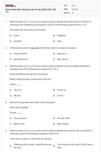 Đề thi chính thức Tiếng Anh vào 10 năm 2020-2021 (Đề 17)